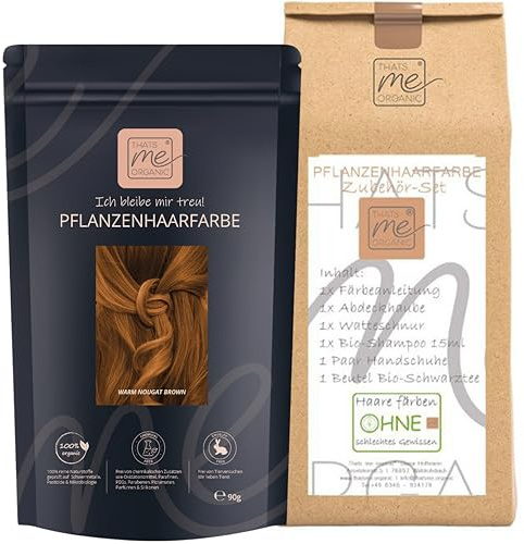 Thats me Organic® Profi Pflanzenhaarfarbe + Zubehörset (warm nougat brown) – Bio Haarfarbe ohne Chemie – Haarfarbe für gesundes Haarefärben auch während Schwangerschaft und Stillzeit