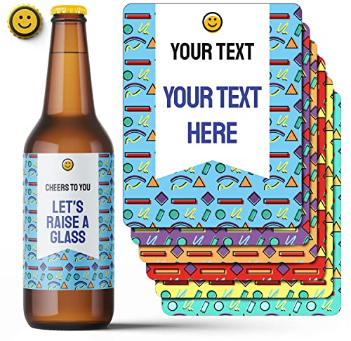 6 Bierflaschenetiketten mit individuellem Text. Packung mit 6 bunten Aufklebern für Erfrischungen mit Smiley und und benutzerdefinierte Kappe Wasserfester Aufkleber