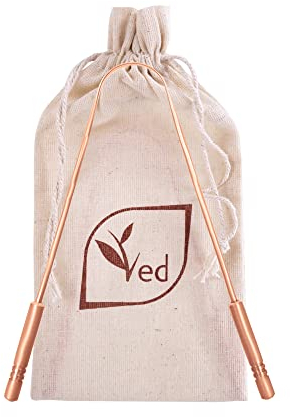 Raspador de lengua de cobre 100% puro Ved con bolsa de viaje ecológica, limpiador de lengua de cobre natural, use un mango cómodo de buen agarre.
