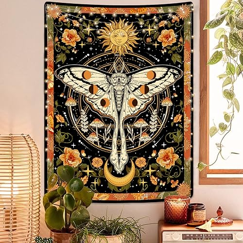 Aipon Orange Moth Tapestry Boho Retro Floral Flowers Tapestries Aesthetic Vintage Mushroom Tapestries for Bedroom Indie Small Tapestry Wall Hanging for Living Room Dorm (30'' × 40'', Orange)