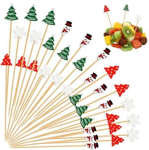 SRIZIAN 200 Piezas Palillos para Cócteles Navideños 5.1inch Brochetas Cocktail Palillos de Cóctel de Bambú para Comida Fruta Snack Aperitivos Fiesta Decoración