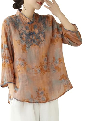 Women Chinese Traditional Mandarin Collar Blouse Top Summer 3/4 Sleeve Ethnic Cotton Linen Qipao Shirt