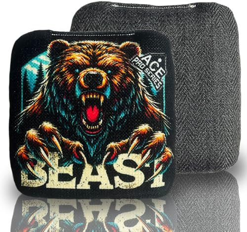 CornholeAce PRO Beast Carpet Cornhole Bags (Set mit 4 Stück) schwarzer Teppich, Grizzly, Fischgrätenstoff, wasserdicht, mit Kunststoffharz gefüllt, doppelseitig, professionell, reguläre Größe, 15,2 x
