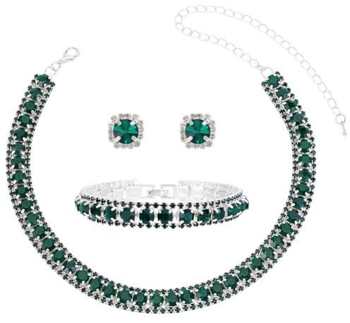UNICRAFTALE Ensemble de Bijoux en Cristal Strass Collier Ras du Cou en Cristal Vert Bracelet à Maillons Boucles D'Oreilles à Tige pour Mariage Demoiselles D'Honneur Fête
