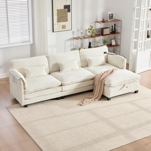 Sapgaks Canapé 3 Places Moderne en Chenille avec Port USB,Poche latérale,Support pour téléphone Portable et des Repose-Pieds modulables,canapé d'angle en L avec Rangement (C-Beige, 3 Places)