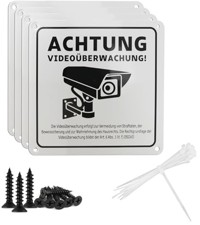 4 carteles de videovigilancia de 15 x 15 cm, señal de aviso de videovigilancia privada, señal de advertencia para cámara exterior, autoadhesiva, con agujeros, señales de aluminio, con tornillos y