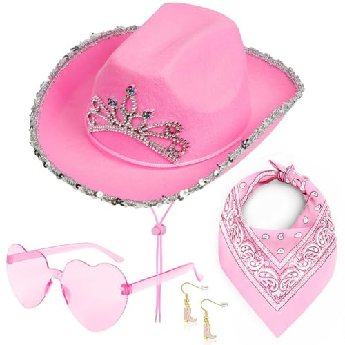 NTEVXZ Cappello da Cowboy Crown, Cappello da Cowboy Western Rosa, Set Cappello da Cowgirl Western, Include Occhiali Sciarpa Orecchini Adatto per Halloween Carnevale Giochi di Ruolo -4PCS