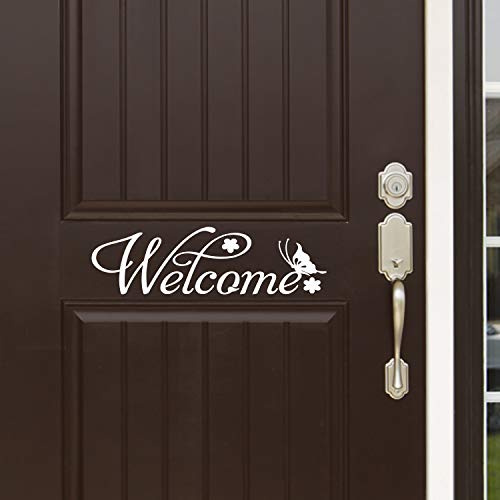 Jeyfel Decals Front Door Welcome Sign. Vinyl Decal. 16 W x 4 H (White). 3 Display Options. with or Without Butterfly and Flowers. Plus: Hello Door Decal and Goodbye Door Sticker Sign