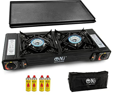 NJ DS-22 Double Camping Stove - 2 Burner Portable Butane Gas Cooker Carry Bag Grill Plate BBQ (Stove + GRILL + 4 Canisters)