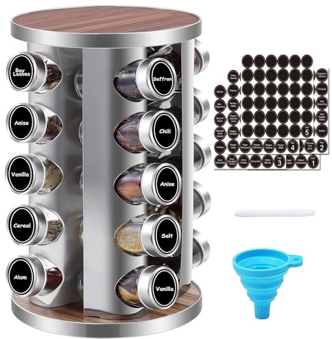 WAYDA Rotating Spice Rack Organizer, 20 Jars Revolving Seasoning Organizer for Cabinet, Stainless Steel Spice Tower for Kitchen Countertop with Reuseable Labels and Funnel