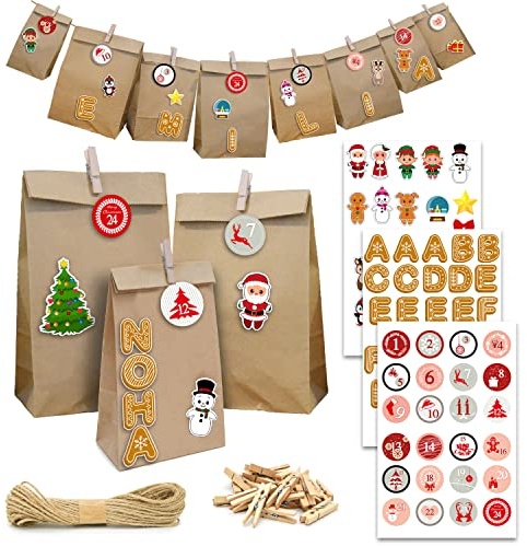 DuneDesign SET XXL CON NOMI: Calendario dell'Avvento da Riempire - 24 Buste Regalo - 100 Stickers - 10m Ghirlanda - Sacchetti Carta Kraft Sacchetti per Calendario Avvento Fai da Te Decorazioni Natale