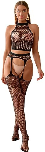 Bommi Fairy Women's Sexy Lingerie Set Lace Garter + Top Hollow-Out Fishnet Mesh Sleepwear Party Base Free Size