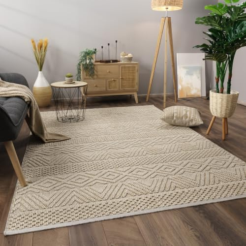 Paco Home Tappeto Salotto Moderno Soggiorno Pelo Corto Motivo Boho Motivo Scandinavo, Dimensione:160x220 cm, Colore:Crema