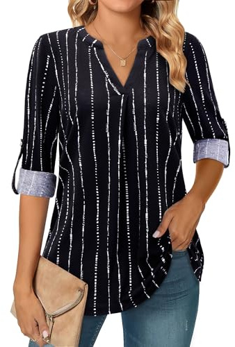 Amrto Longbluse pour femme - Manches 3/4 - Col en V - Tunique élégante - Manches longues - Décontracté - Haut ample - Chemisier à manches longues - Blouse à boutons - Tenue professionnelle pour le
