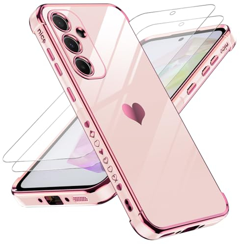 LeYi Funda para Samsung Galaxy A55 5G/A 55, Silicona Carcasa con 2pcs Cristal Templado, Corazón Amor Mujer Estuche Protector Galvanizado Suave TPU Bumper Resistente Antigolpes Móvil Case, Rosa