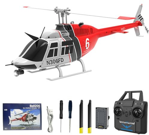 Hylukon C138 Remote Control Helicopter, 1:33 Scale Bell206 Helicopter 2.4G 4CH RTF Single Propeller Aileron Free, Six-axis Gyroscope, Modular Battery, One-Touch Function Gift for Adults 2 Batteries