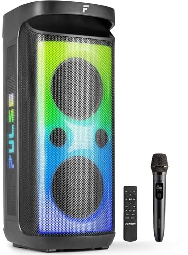 Fenton Pulse160 Musikbox Bluetooth Groß 320W, Wasserfest, Akku 12H, UHF Mikrofon, BT 5.3, FM Radio, Fernbedienung, Partybox Bluetooth Box Groß, Stereo-Pairing, Tragbare Musik Box, Boom Box - Schwarz