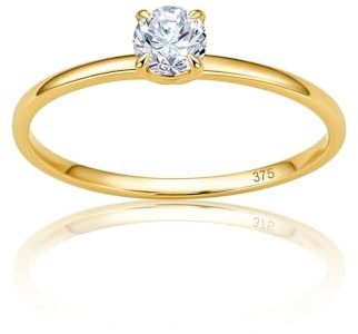 OROVI Joyería para mujer, anillos de compromiso de oro amarillo 375 de 9 quilates y oro blanco con circonita cúbica solitaria, apilables, hechos a mano, hipoalergénicos, se entregan en caja de joyería