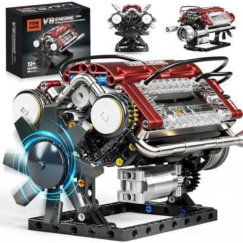 HGYYGACN V8 Engine Building Blocks Sets, V8 Engine Model Kit, Runnable Model Engine Building Sets, Mini Engine Kits with Crankshaft & Rotating Fan, for Adults & Kids