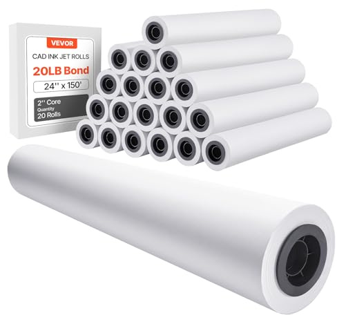 VEVOR Vitt ritpapper rulle stort format 609,6 mm x 45,7 m, 20 rullar CAD-plotterpapper, 50,8 mm kärna, för ingenjörsplaner, GIS-kort, arkitektonisk design