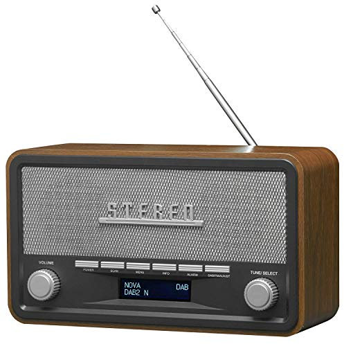 Denver DAB-18 Vintage Style Stereo DAB/DAB+ & FM Radio – Real Wood Cabinet, Bluetooth, Clock Radio Alarm, AUX IN for Smart Phone/Tablet / MP3 Player – Mains or Battery