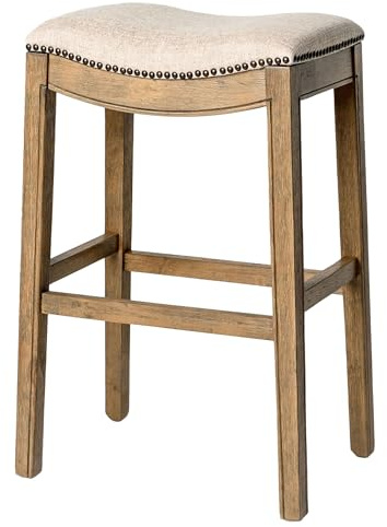 Maven Lane Adrien 79 cm Bar Height Upholstered Backless Saddle Barstool in Natural Wood Finish with Wheat Cream Fabric Cushion Seat
