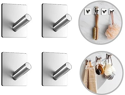 Sbomi Ganci Adesivi Bagno Cucina - Ganci per Accappatoio Bagno-Porta Asciugamani Bagno Adesivo - Appendino da Muro in Acciaio Inox senza Forare - 4 Pezzi Gancio autoadesivo, Argento