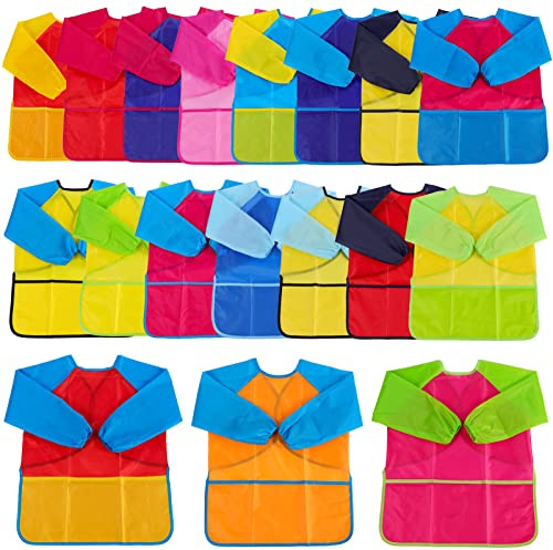 Zkptops 18 Pack Kids Art Smocks Waterproof Kid Painting Aprons Toddler Art Smock Kids Paint Smock with Long Sleeve 3 Roomy Pockets for Age 3-7 Years
