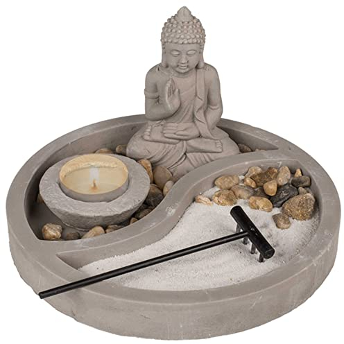 Deko Zement Teller ''Yin & Yang'' mit Buddha-Figur, Teelichthalter, Harke & Dekoration - rund - 19x19x12cm - Set Windlicht Geschenk