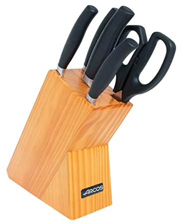 Arcos Series Clara - 4-piece kitchen knife set (kitchen knife + cooking board + ham holder) + 1 scissors, stainless steel, nitrum, sprayed polypropylene handle, black