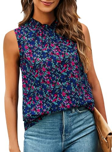 SimpleFun Womens Summer Tank Tops Boho Ruffled Flower Blouse Sleeveless Shirts Top Dressy Floral Navy Blue L
