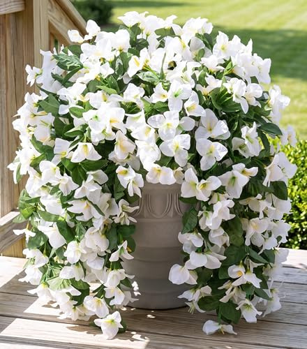 Faux Bougainvillea Artificial Flowers Plants for Outdoors Outside Decoration, 2 PCS White Fake Flowers UV Resistant Look Real Silk Long Trailing Vines for Front Door Porch Planter Patio Garden Yard