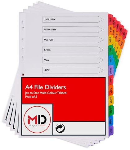 A4 Jan-Dec File Dividers with Coloured Monthly Index Tabs - Multi Hole Punched and Reinforced Subject Divider - Pack of 5