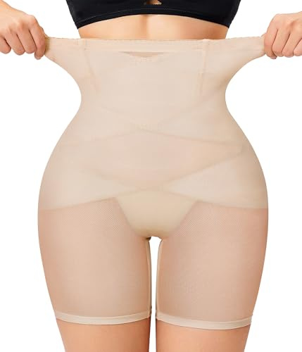 KUMAYES Femme Culotte Gainante Taille Haute Invisible Culottes Sculptantes Panty Gainant Anti Frottement Cuisse Minceur Shapewear Panty (Beige, L)