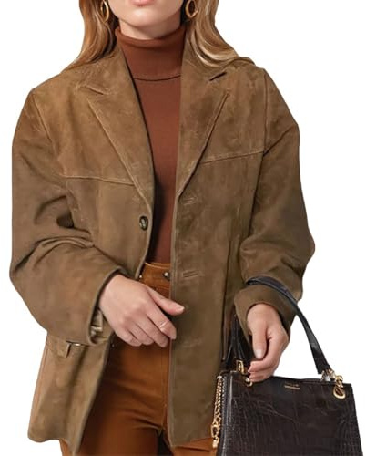 TOSHIKII Dammocka blazer i vintagestil, trendiga mockajackor att knäppa, höst-vinter-konstmocka-fritidskläder ytterkläder, 1, S