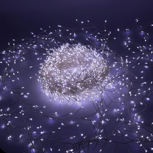Luccika Cluster Catena Luminosa Natalizia, Luci Micro LED a Grappolo, 8 modalità di Giochi, Interno Esterno, Lucine Decorative per Albero, Natale (Bianco Ghiaccio - Cavo Silver, 10 Metri - 1000 LED)