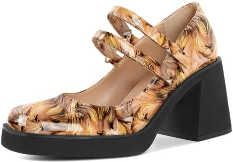 Zamikoo Platform Mary Jane Pumps 8 CM Block Heels Double Strap Square Closed Toe Chunky Heel Patent Leather Mary Janes Shoes Wedding Shoes for Bride Floral Brown UK9