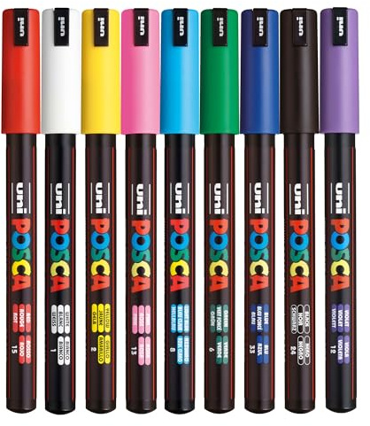 Posca PC-1MR Ultra-Fine Tip 9 Standard Acrylic Paint Marker Pens, Standard Colours, For All Surfaces (Pack of 9 Pens)