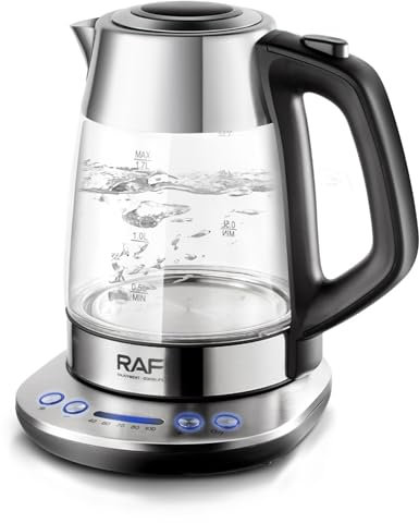 UUE Wasserkocher Glas 1,7 Liter, 2200 Watt, Blaue LED-Beleuchtung & Temperaturwahl (40-100°C), BPA-frei & Borosilikatglas, Abnehmbare Teekanne mit 360° Edelstahl Sockel für Küche, Büro, Wohnzimmer