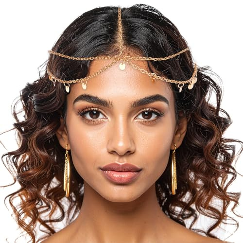 Kopfkette Gold Damen Kopfschmuck Festival mit Pailletten Boho Quaste Haarkette Festival Schmuck Hochzeit Braut Haarschmuck Goldene Kopfbedeckung für Frauen und Mädchen