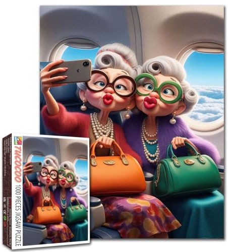 1000 Pieces Jigsaw Puzzle, Cartoon Characters Taking Selfie, Airplane Scene Older Women DIY Puzzles for Challenging Family Activity Games Elderly Lady Art Home Wall Decor Craft Gifts