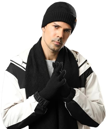 MAZELIKEHOOD Ensemble Bonnet Écharpe Gants pour Homme Équipement Chaud Hiver pour Ski Randonnée Noël