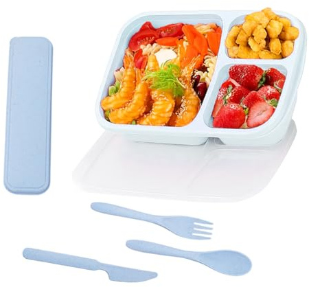 Juguta 1 Pezzo Porta Pranzo con 3 Scomparti, Lunch Box con Posate, Portavivande per Microonde e Lavastoviglie, Bento Box per Adulti Bambini Lavoro Scolastico Ufficio Picnic(Blu)