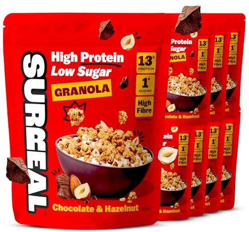 Surreal High Protein Low Sugar Granola - 13g Protein Vegan Snack or Breakfast Cereal - High Fibre, Plant-Based Granola Clusters 300 g (8 Packs, Chocolate & Hazelnut)