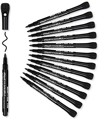 Whiteboard Stifte Schwarz Whiteboard Marker: 12 Magnetisch Whiteboard Stift mit Schwamm, Whiteboardmarker Dünn Boardmarker Abwischbar für Magnettafel Flipchart Wochenplaner Magnetwand, Folienstift