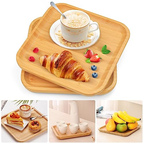 BUENTYA 4 PZS Bandeja de Madera de Bambú, Bandeja Cuadrada de 20cm Bandeja Bandeja de Bambú Decorativa Plato para Servir Desayuno, Cena Bandejas de Comida para Posavasos, Té, Café, Pastel, Suculento