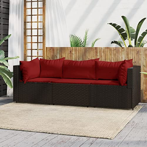 Yolola Balkon Lounge Klein 3-TLG Balkonmöbel Kleiner mit 2X Eckteil + Mittelteil,Balkon Lounge Sofa Outdoor Balkon Ecksofa Klein Lounge Gartenmöbel Set Rattan Braun und Rot Gartensofa