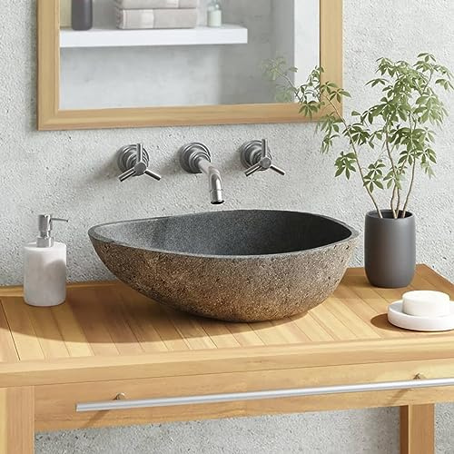 Homgoday Toppmonterat handfat, tvättställ sten hängande handfat med öppning för avlopp antracit handfat badrum oval bänkskiva inre yta välpolerad badrum flodsten 37–46 cm