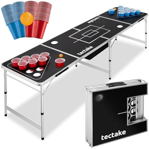 tectake® Professional Beer Pong Table, Portable & Foldable Aluminium Frame with Carry Handles, Incl. Blue and Red Cups & Beer Pong Balls, Ideal Adult Party Games Set for Game Nights, Parties & NYE