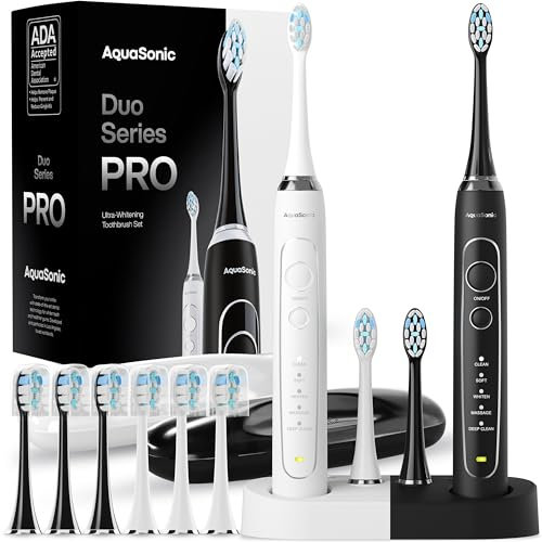 AquaSonic Duo Series PRO – Ultra-Whitening Electric Toothbrush Set – 5 Modes & Smart Timers – Premium Travel Cases & 10 Proflex Brush Heads – ADA Accepted Toothbrushes